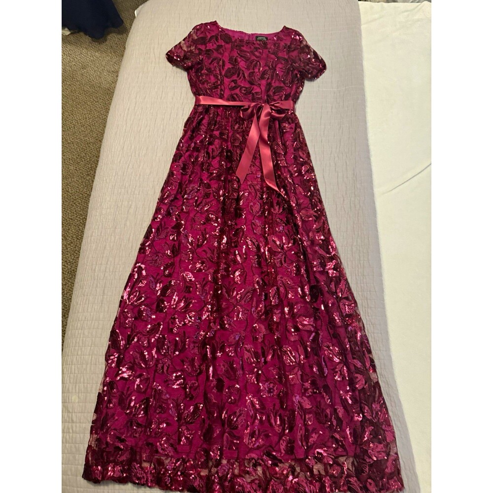 Tahari Arthur S. Levine  Floral Sequin Maxi Dress Bow Belt Zip 10